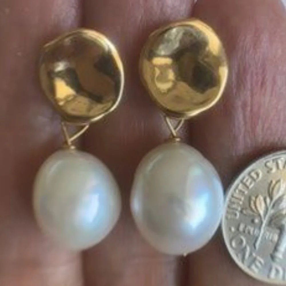 White Cultured Pearl Stud Earrings 14K Gold Plated - Picture 4 of 7